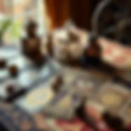 A beautifully arranged tarot card spread on a mystical table