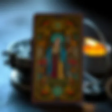 An artistic representation of a tarot card with vibrant colors and intricate designs.