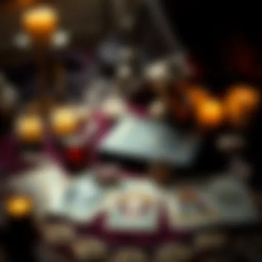 A mystical tarot card spread on a velvet cloth, surrounded by candles and crystals.