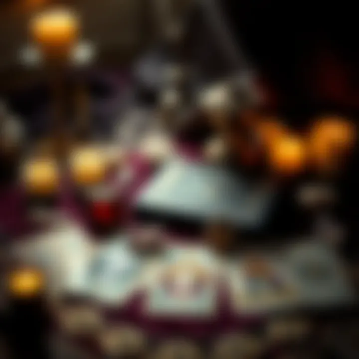 A mystical tarot card spread on a velvet cloth, surrounded by candles and crystals.