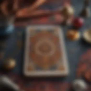 Intricate Tarot Card Spread A close-up of a tarot card spread on a mystical cloth, showcasing intricate designs and vibrant colors.