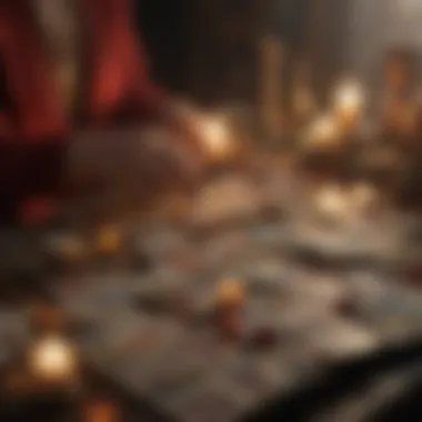 Meditative Tarot Reading Environment An enchanting scene of a person meditating with tarot cards laid out, surrounded by candles and crystals.