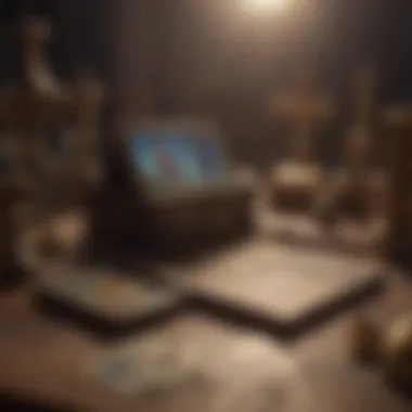 Digital tarot reading setup featuring a computer and tarot cards