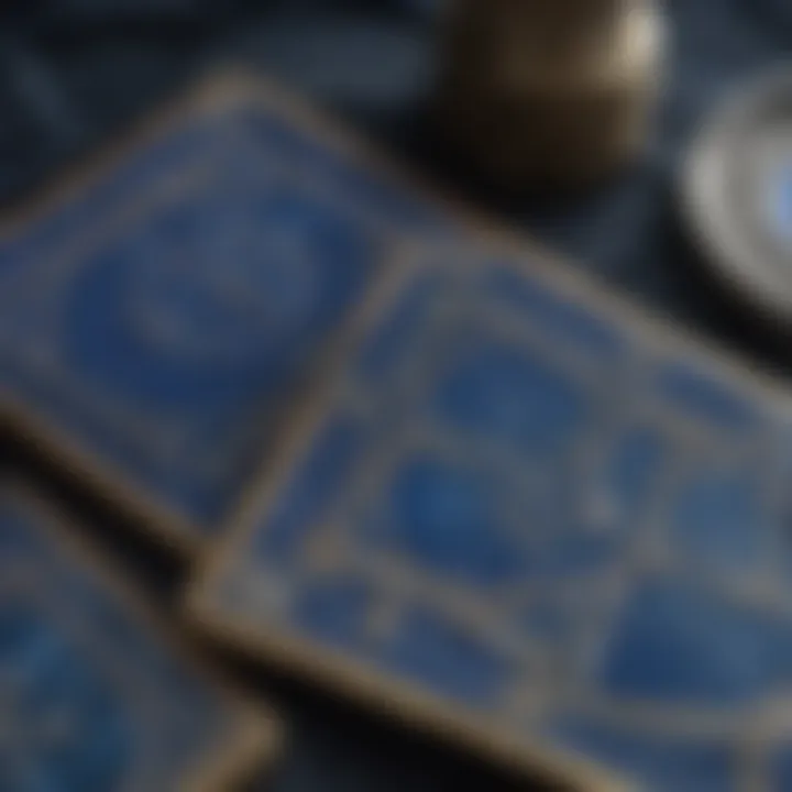 A close-up of tarot cards with royal blue designs, highlighting their spiritual significance