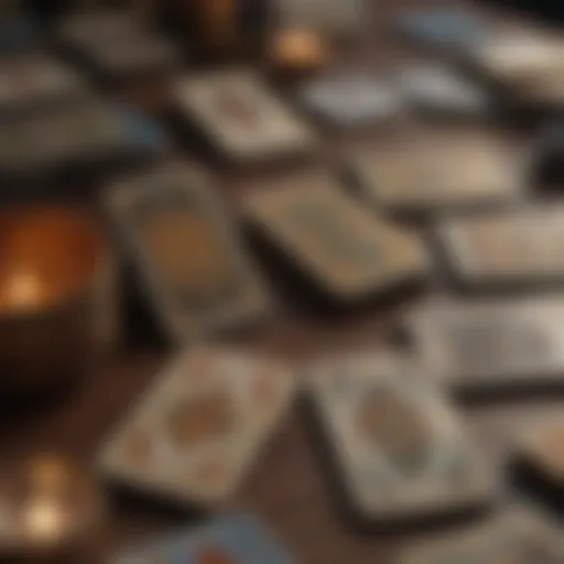 Intricate design of tarot cards spread out on a table