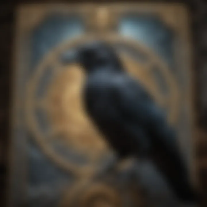 A close-up view of a Crow Tarot card highlighting its intricate details and meanings.