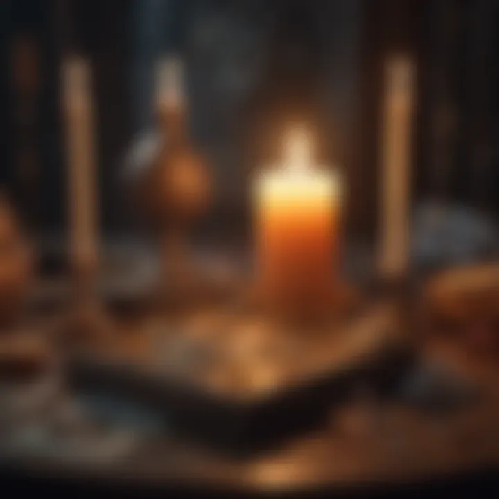 A mystical setting with candles and crystals alongside Crowley Tarot cards