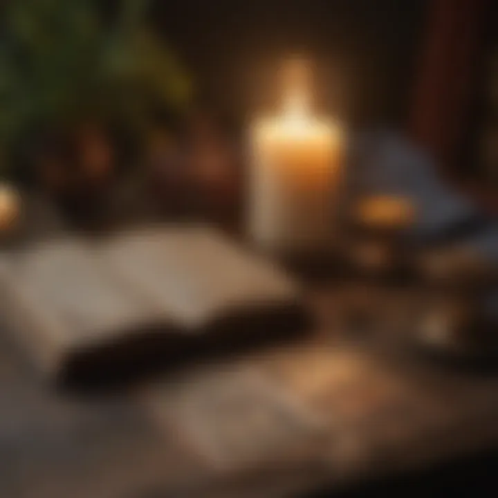 A serene setting with a glowing candle and an open tarot book, inviting introspection.