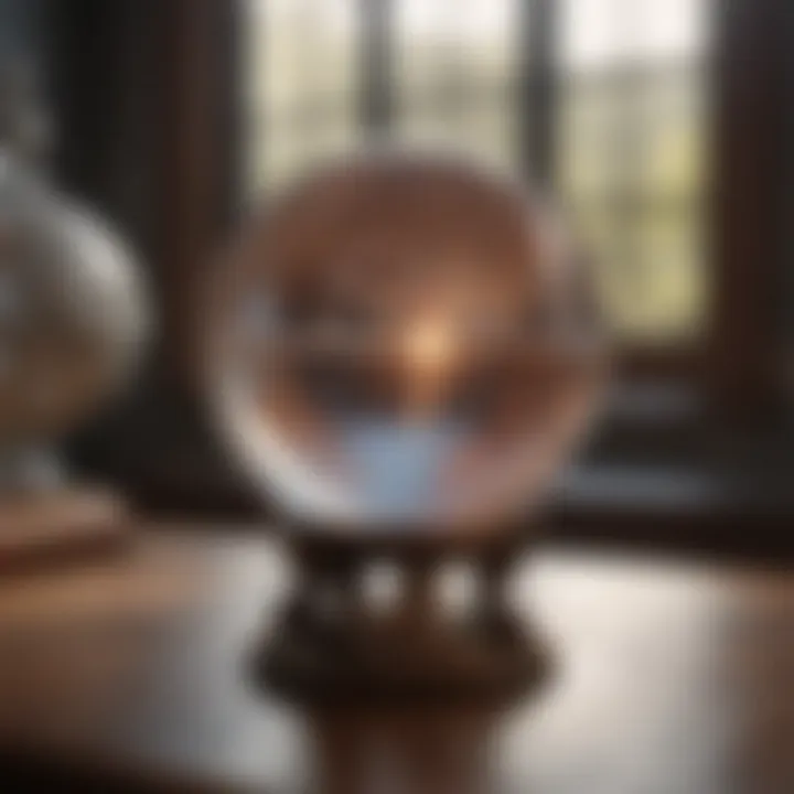 An ornate crystal ball placed on a table, reflecting light.