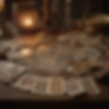 Historical Context of Tarot Card Reading An antique tarot card spread laid out on a vintage table, revealing its historical context.