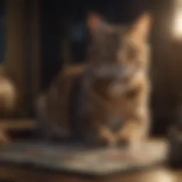 A mystical cat gazing at tarot cards with a moonlit background