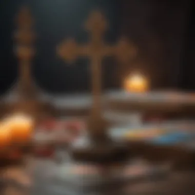 Tarot Card Spread and Cross Symbolism A tarot card spread with a cross symbol subtly integrated in the background