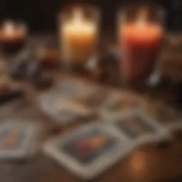 Tarot cards spread on a wooden table with a candle beside them.