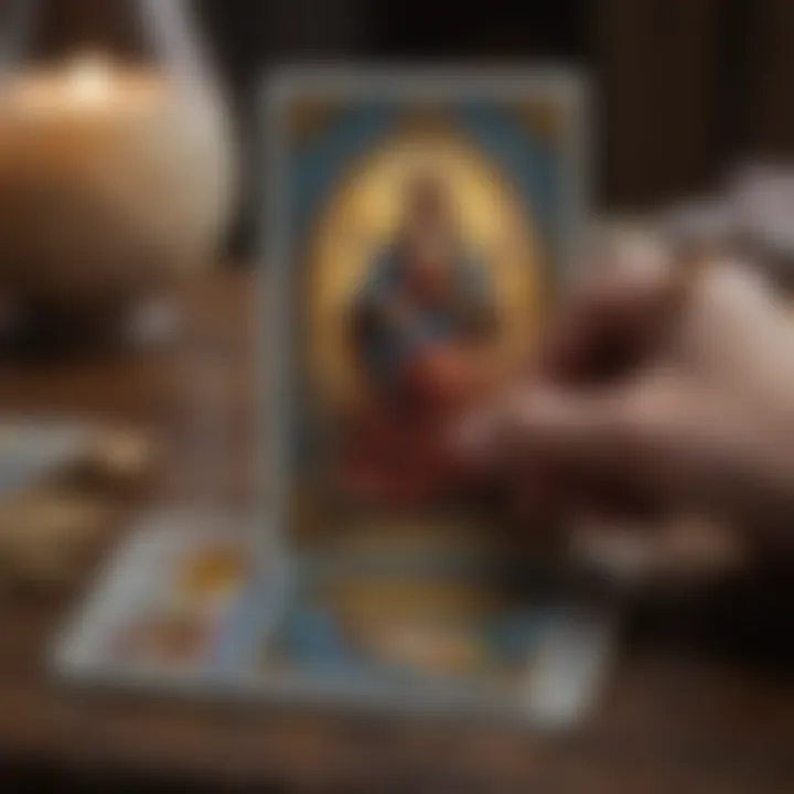 A close-up of a tarot card being drawn, illustrating the moment of revelation and insight during a reading.