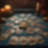 A mystical tarot spread laid out on a velvet cloth, featuring various cards representing different themes.
