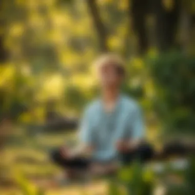 Individual practicing mindfulness in nature amidst serene surroundings