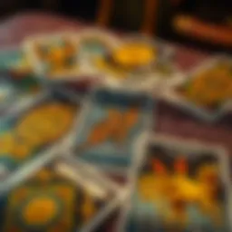 A close-up of tarot cards spread out on a table, showcasing their intricate designs and symbols.