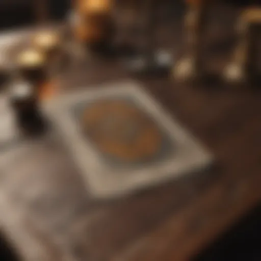 A mystical tarot card spread on a wooden table