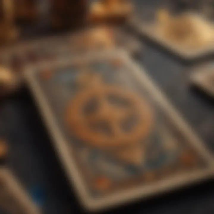 Close-up of tarot cards revealing unique symbols