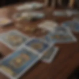 Tarot cards spread across a table with mystical symbols