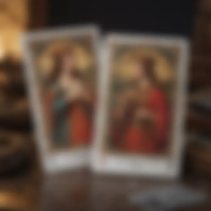 Close-up of tarot cards featuring the Lovers card, representing choices in love.