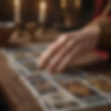 Selecting a Tarot Card A close-up of a hand gracefully selecting a tarot card from a deck, representing choice and contemplation