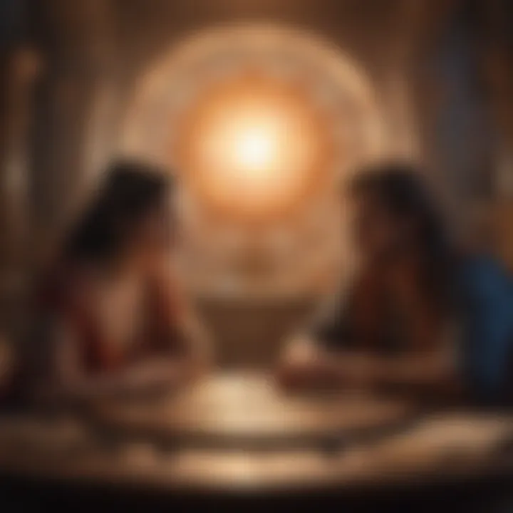 A serene scene depicting individuals consulting astrology online