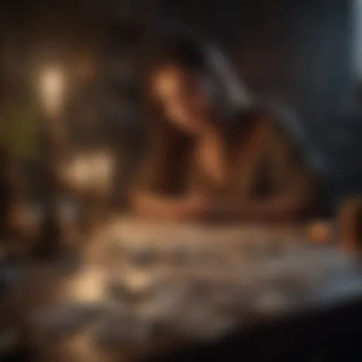 A mystical tarot spread with a variety of cards illuminated by candlelight