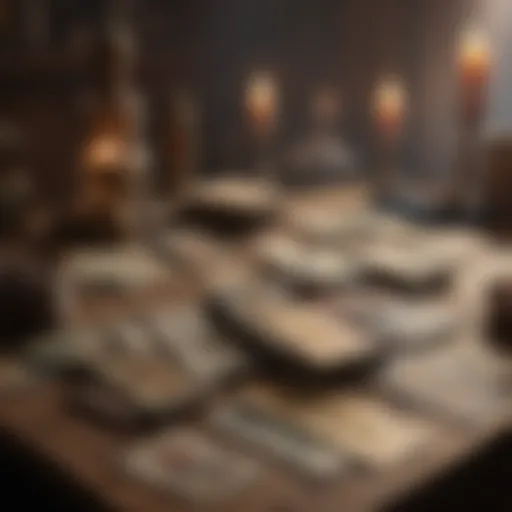 A collection of tarot books laid out on a wooden table with a mystical ambiance.