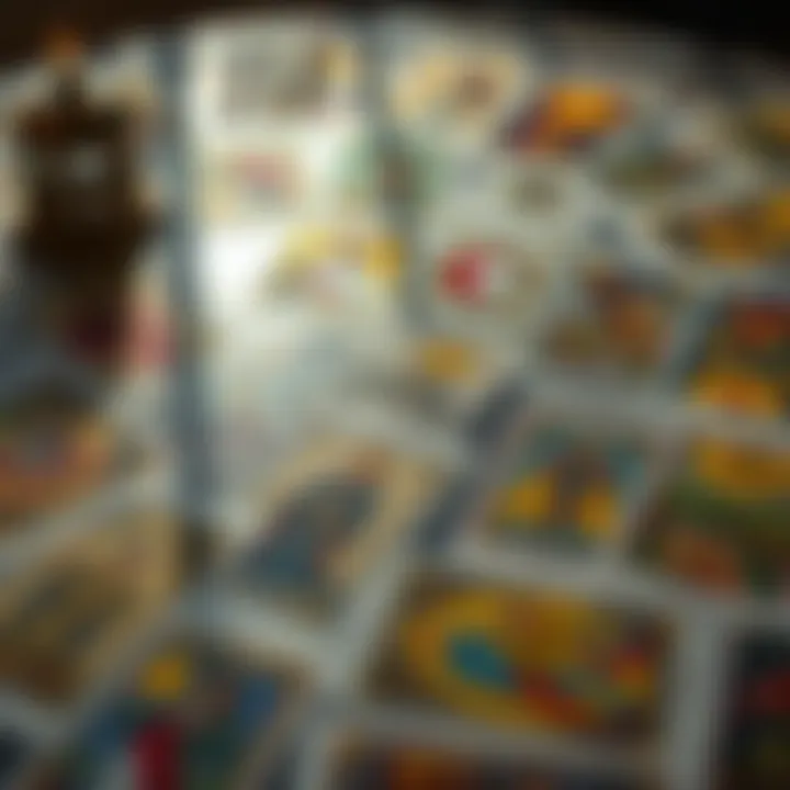 A visually captivating tarot deck spread across a table, showcasing intricate designs and vibrant colors.