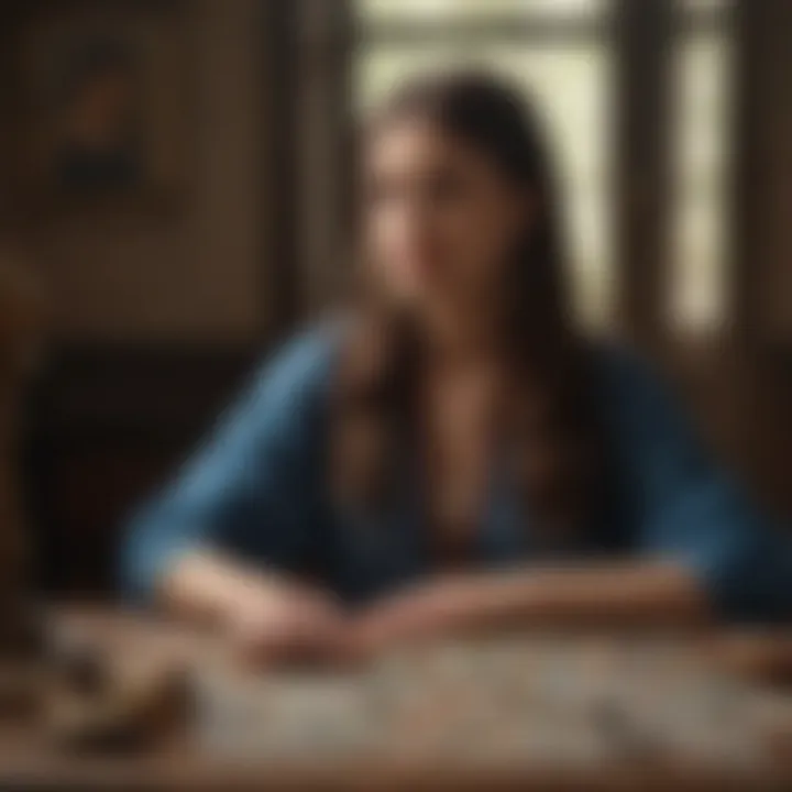 A serene person contemplating tarot cards, representing introspection and emotional clarity.
