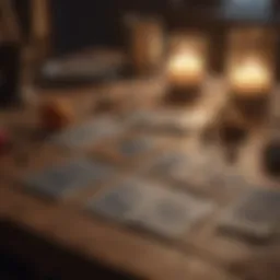 A mystical tarot spread laid out on a wooden table.