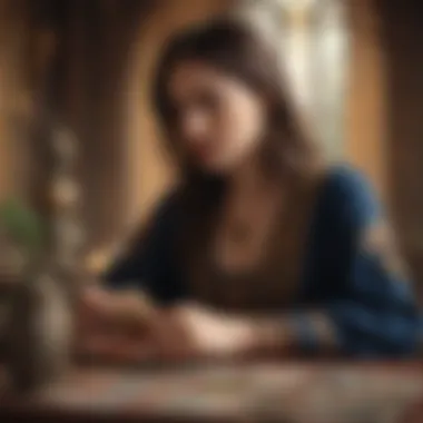 Contemplation with Tarot An individual deep in thought while consulting a tarot deck