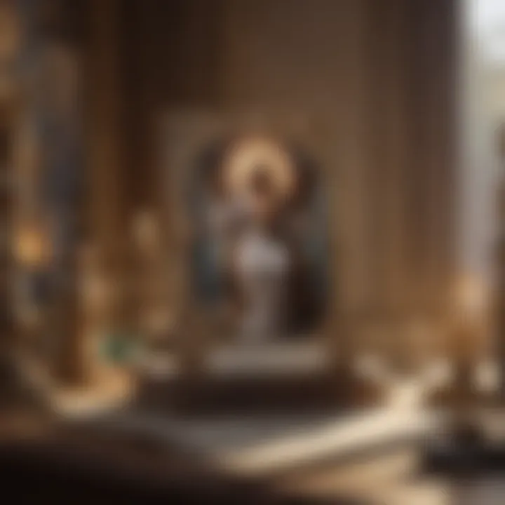 A peaceful setting with an open tarot book and angel figurines, representing spiritual exploration.
