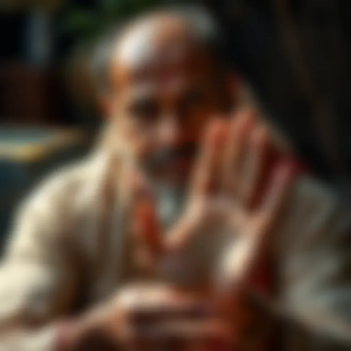 A traditional Indian practitioner analyzing palm features with a thoughtful expression