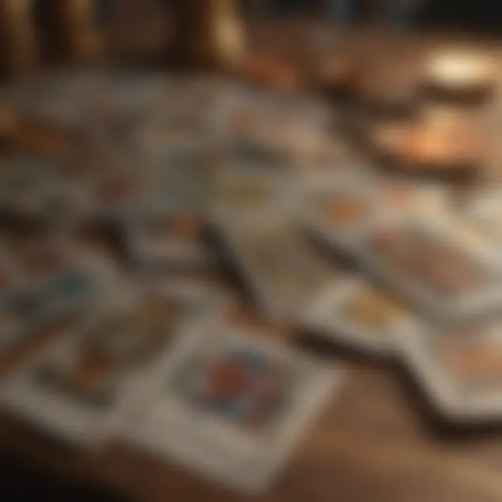 A close-up of tarot cards fanned out on a table