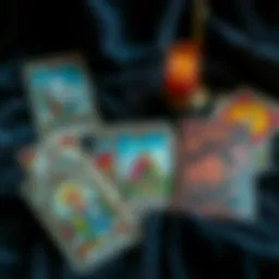 A captivating collection of vintage tarot decks displayed on a velvet cloth