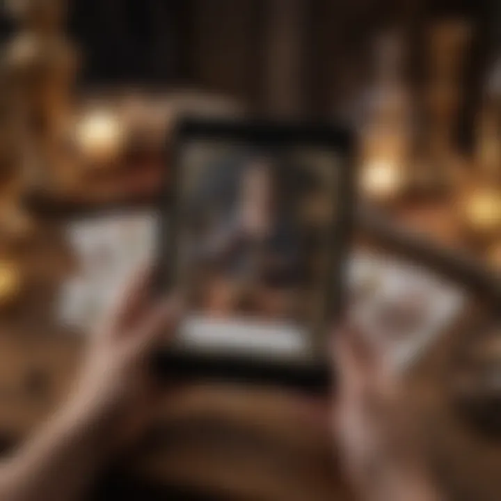 A digital representation of tarot cards being read on a tablet or smartphone