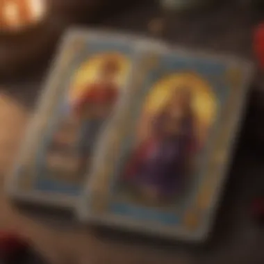 Romantic Themes in Tarot Cards Close-up of tarot cards with vivid illustrations related to romance