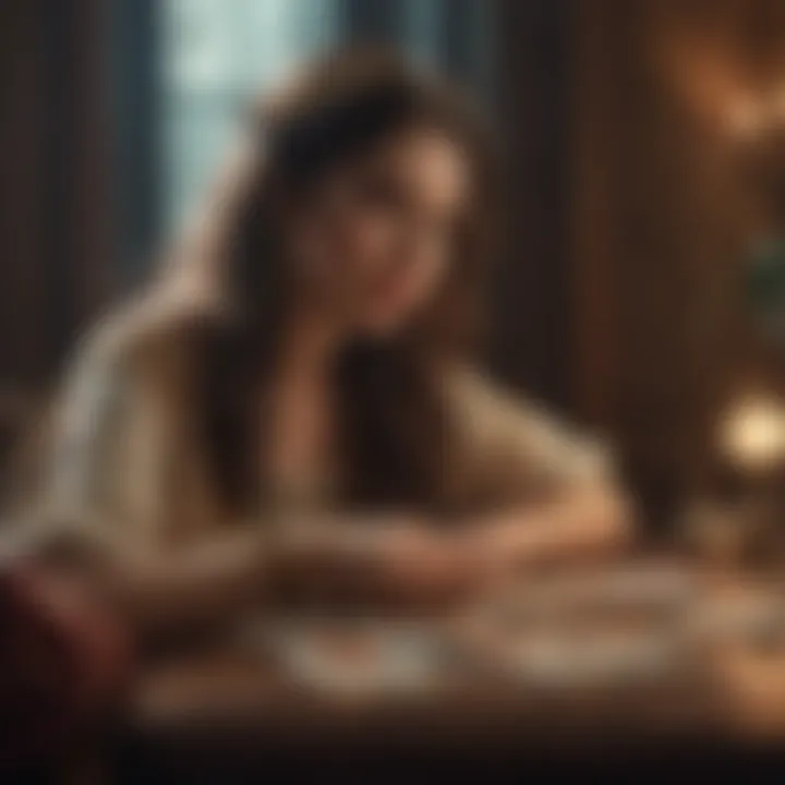 An individual pondering over tarot cards and their meanings