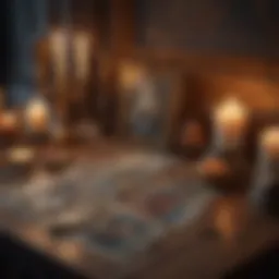 A serene tarot-reading setting with candles and crystals
