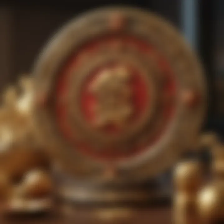 A close-up of Feng Shui symbols and decorations that represent wealth and good fortune.