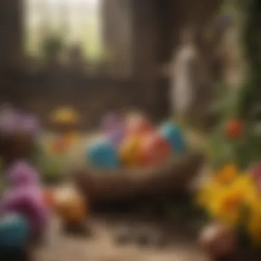 A vibrant Easter scene depicting the resurrection symbolized by blooming flowers and colorful eggs