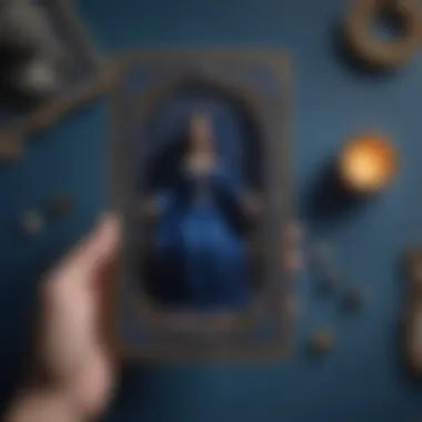 An intricate tarot card spread featuring royal blue hues, with an emphasis on symbolism and intuition