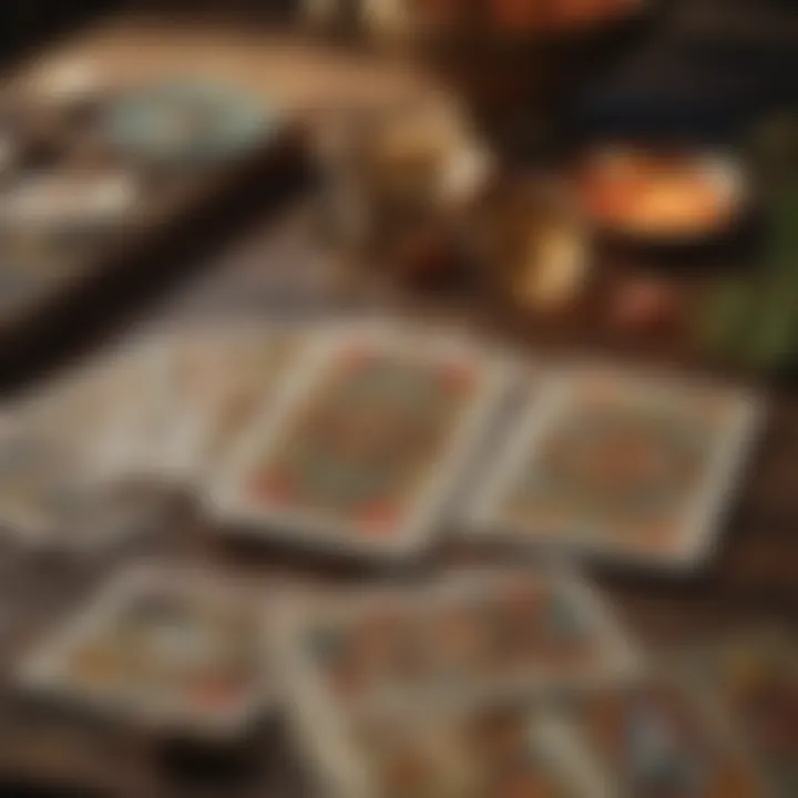 Close-up of tarot cards symbolizing abundance and prosperity