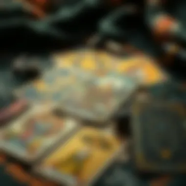 Tarot Card Spread on Mystical Cloth Close-up of a tarot card spread on a mystical cloth