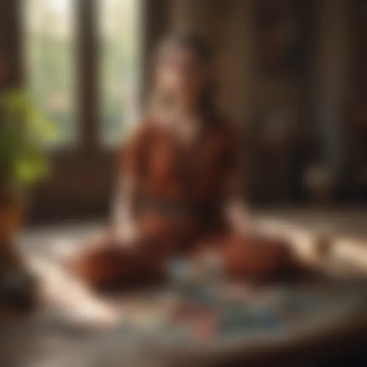 A serene setting with a person meditating with a Lotus Tarot deck spread before them.