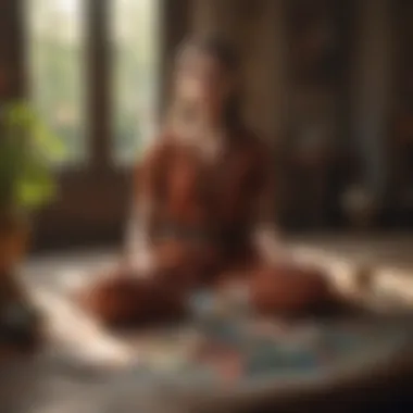 Meditation with Lotus Tarot Deck A serene setting with a person meditating with a Lotus Tarot deck spread before them.