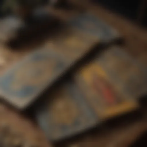 A detailed close-up of tarot cards spread on an ornate table