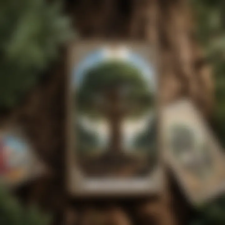 Close-up of tarot cards featuring tree imagery and symbolism